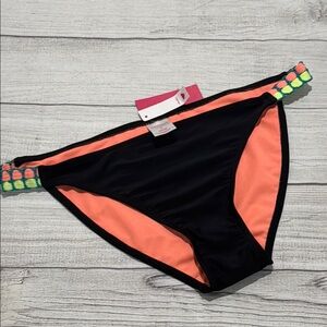 **NWT**Xhiliration Black Bikini Bottoms with Coral Lining & Colorful Side Straps